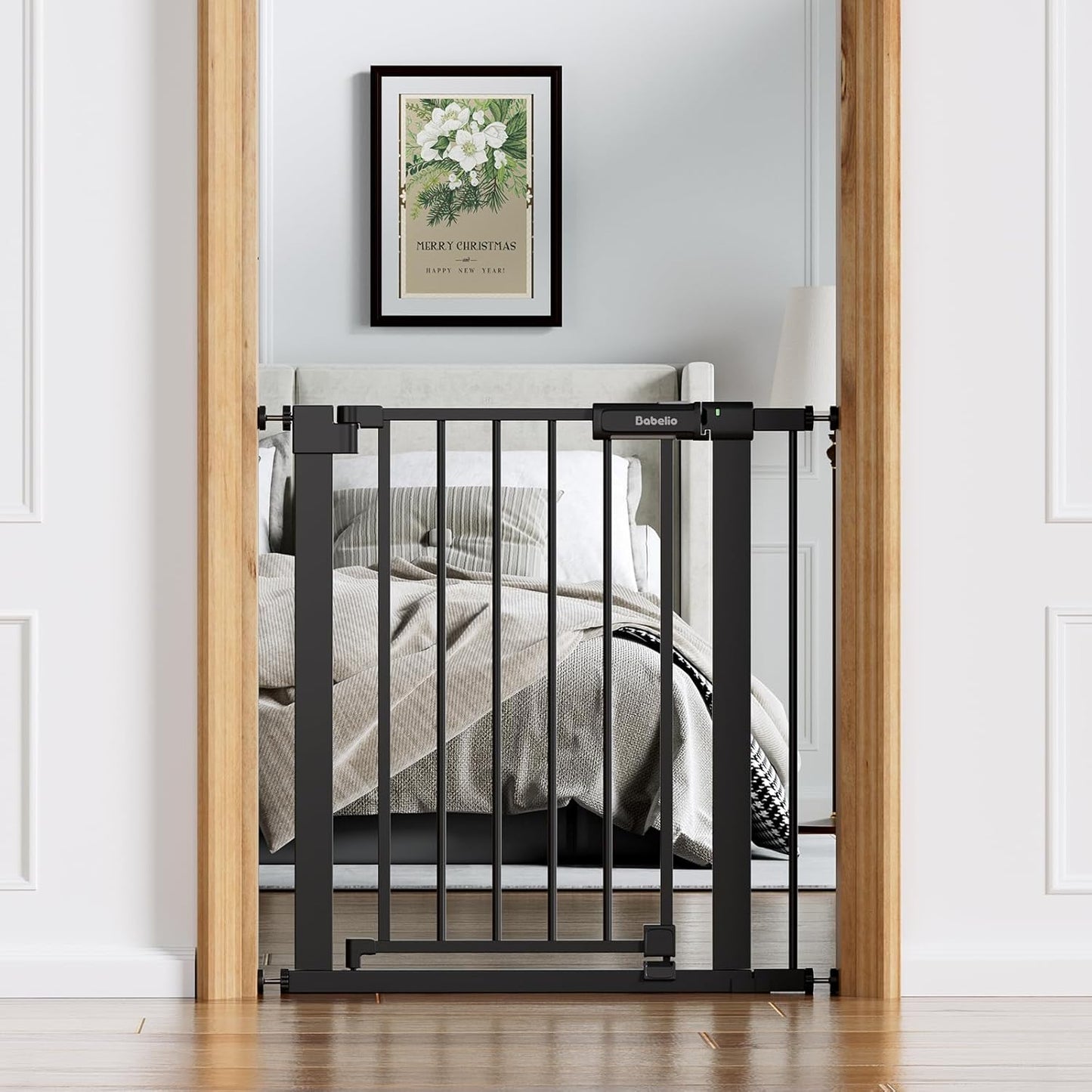 Babelio Baby Gate for Doorways and Stairs, 36-41" Pet Gate with Wide Walk Thru Door and Lock Indicator, No Drill Pressure Mounted Safety Gate with Double Lock and Self-Closing, Black