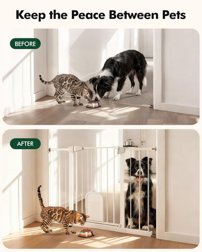 Pet Gate with Adjustable Cat Door, 31–46 Inch Pressure Mounted Dog Gate for Doorways, Stairs and Hallways, Auto Close Walk Through Metal Safety Gate, Easy Install, White