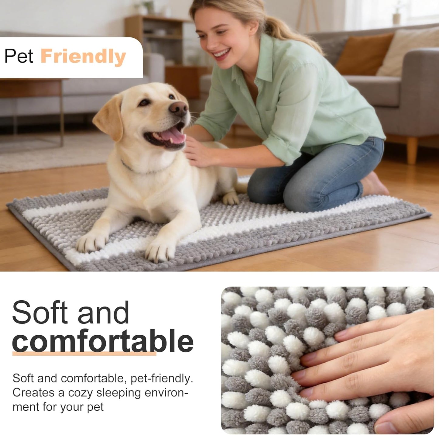 pobopobo Dog Door Mat for Muddy Paws - Absorbent & Washable Chenille Rug, Non-Slip Dirt Trapper for Indoor Outdoor Entryway, Quick Dry Pet Mat for Muddy Dogs (Striped Gray-Blue&White, 24" x 16")