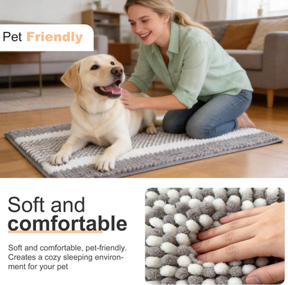 pobopobo Dog Door Mat for Muddy Paws - Absorbent & Washable Chenille Rug, Non-Slip Dirt Trapper for Indoor Outdoor Entryway, Quick Dry Pet Mat for Muddy Dogs (Striped Gray-Blue&White, 24" x 16")