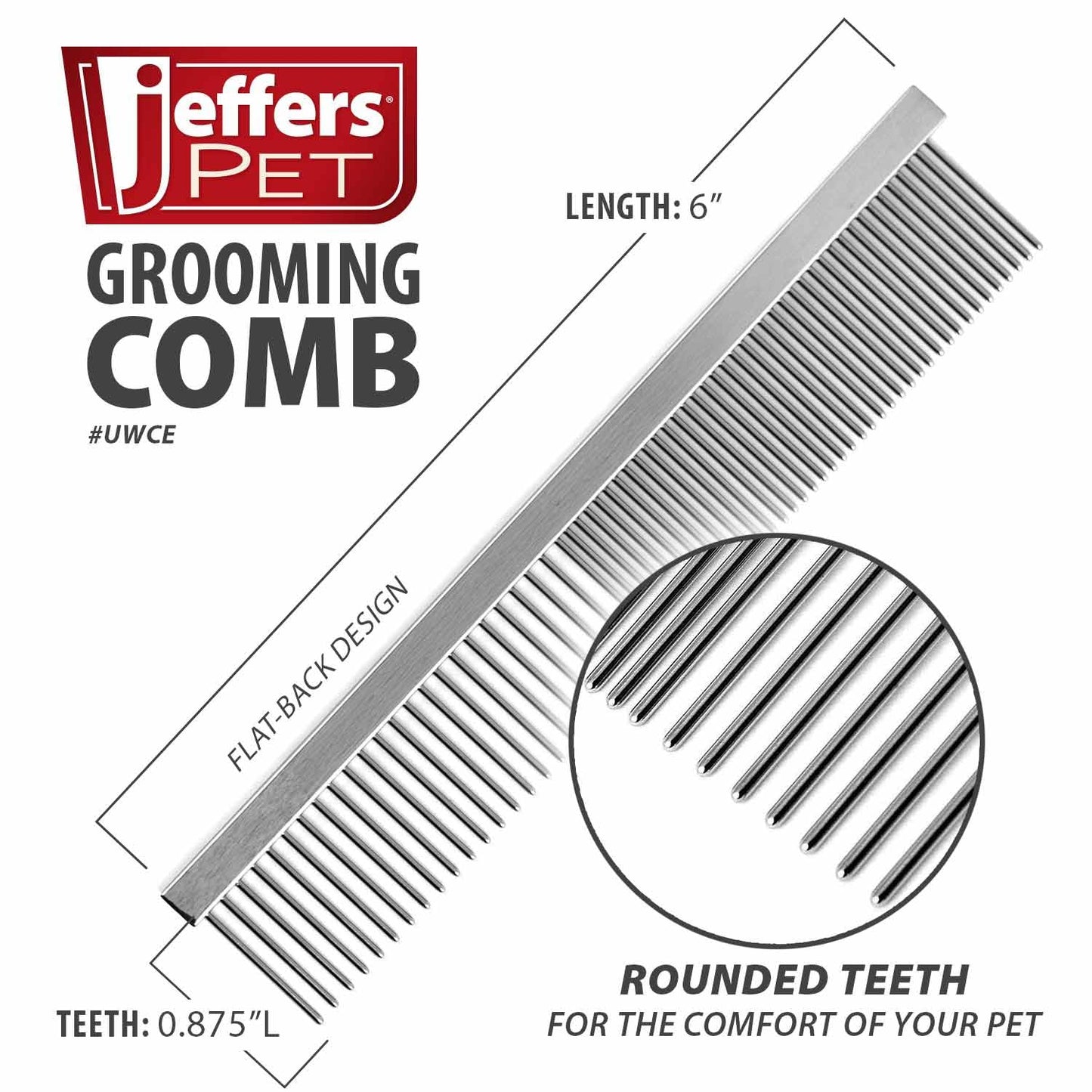 Jeffers Flat Back Pet Grooming Comb – Chrome Plated Steel Comb with Fine & Coarse Teeth for Dogs, Cats, Puppies – Detangling, Deshedding, Dematting Tool for Long or Short Hair - 7.5" L, 1-1/4" teeth