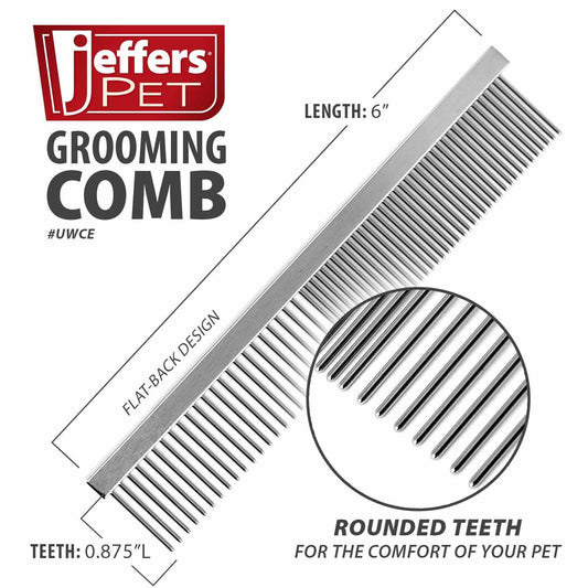 Jeffers Flat Back Pet Grooming Comb – Chrome Plated Steel Comb with Fine & Coarse Teeth for Dogs, Cats, Puppies – Detangling, Deshedding, Dematting Tool for Long or Short Hair - 7.5" L, 1-1/4" teeth