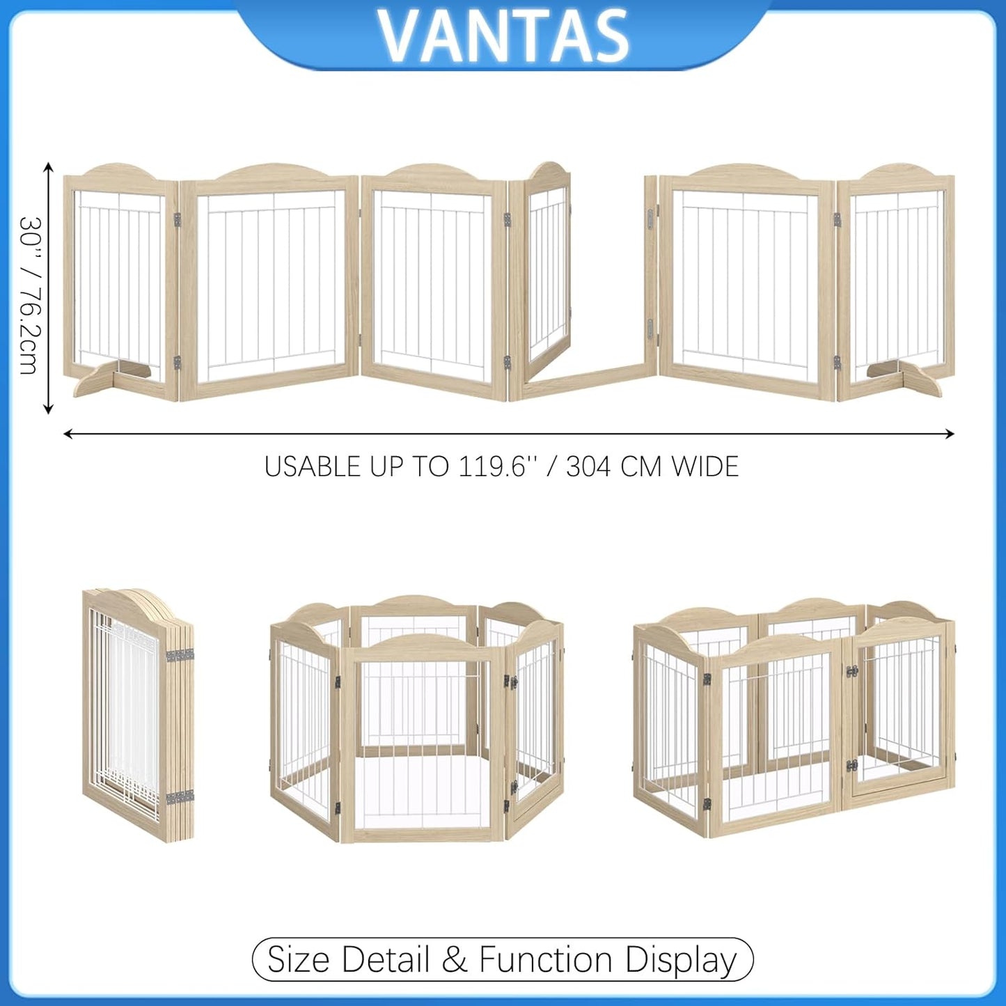 Vantas Espresso Wooden Folding Dog Gate 144" Wide x 30" Tall with Door, Freestanding Pet Gate, Pet Puppy Safety Fence