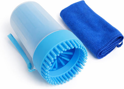Dog Paw Cleaner Cup with Towel, Pet Paw Cleaner for Dogs & Cats, Portable Muddy Paw Washer with Soft Silicone Bristles, Deep Cleaning Paw Washer Cup (Blue)