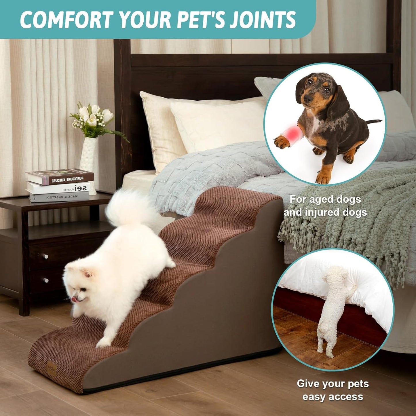 COZY KISS Extra Wide Dog Stairs with Tunnel, Foam Detachable Large Dog Step for Small Pet, Puppy or Cats, Medium Pet Ramp for High Bed, Couch, Sofa or Car, 19.7x33x22.4 inch, 5 Step, Beige