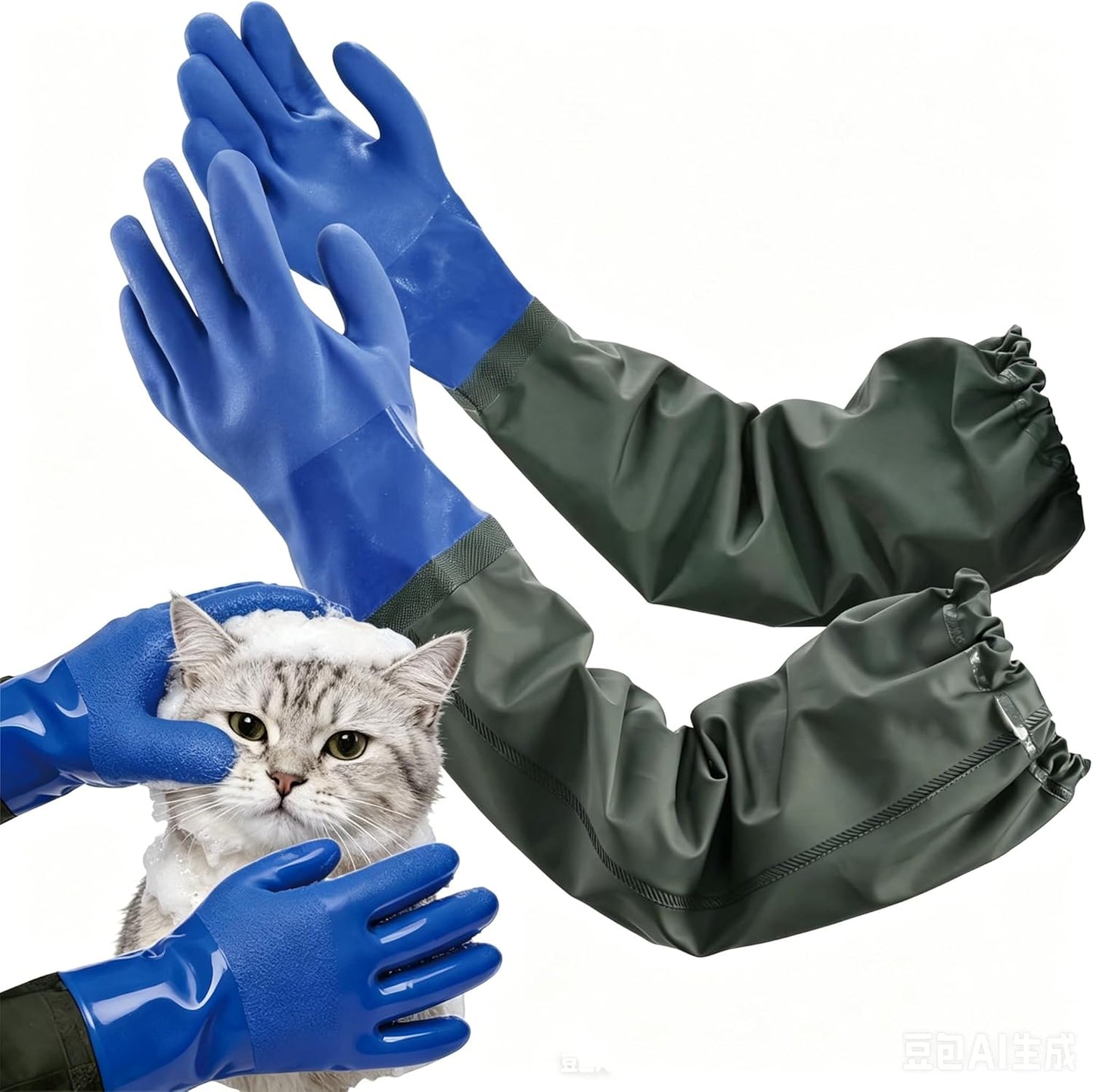 YOFANG Pet Grooming Washing Gloves,27.2" Extra Long Waterproof Rubber Bathing Gloves for Dogs & Cats,Anti-Bite & Anti-Scratch Hair Removal Cat Bath Gloves with 3000+ Massage Particles,Blue/Green ﻿