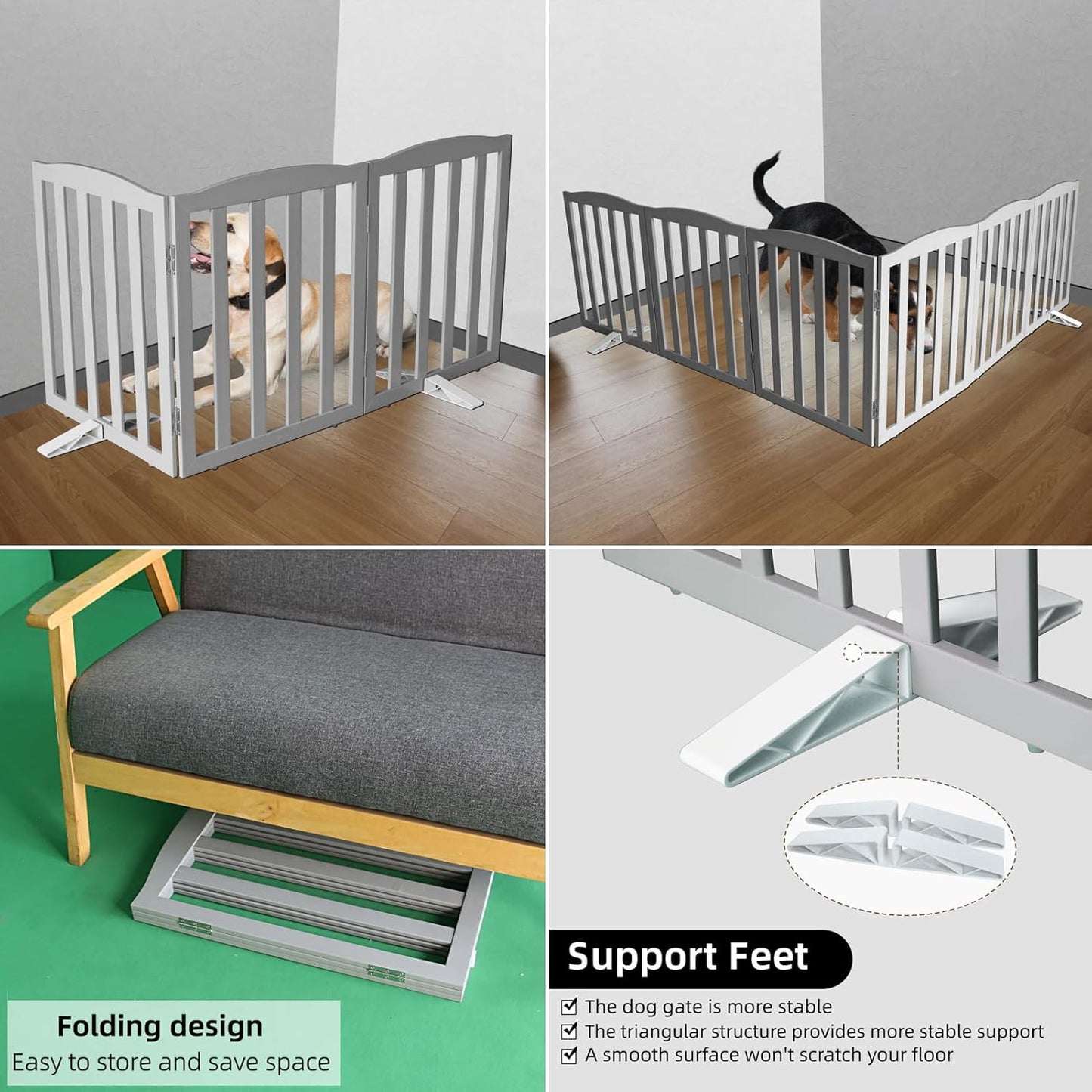 ZJSF Foldable Freestanding Indoor Dog Gate for House Wood White Long Pet Gates Dog Fence for Stairs Puppy Gates for Hallways,Pet Fence, Puppy Gate,Support Feet Included 24 "Height-3 Panels