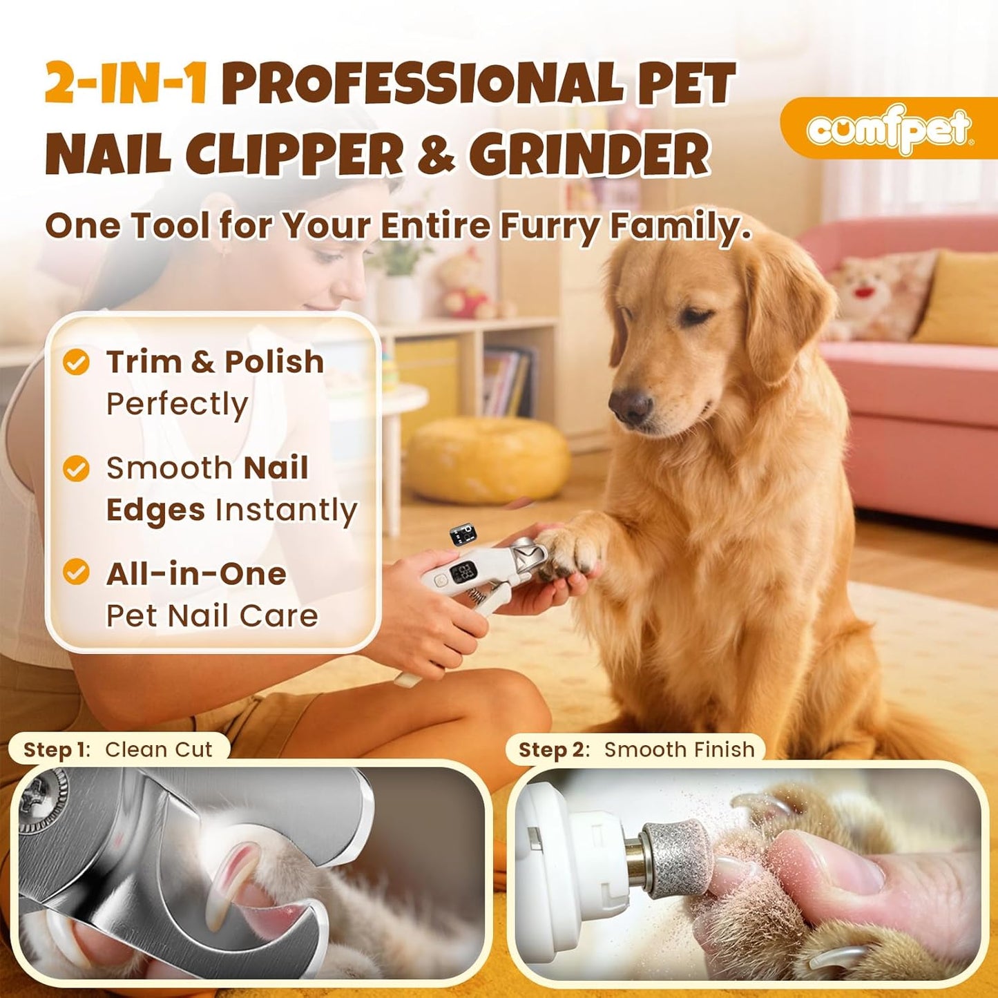 2-in-1 Dog Nail Clippers with Light, Cat Nail Clipper with Anti-Overcut Guard, Dog Nail Grinder Quiet for Large Medium Small Dog Cat Nail Trimmer, Rechargeable Painless Silent Groom Dog Nail Trimmer
