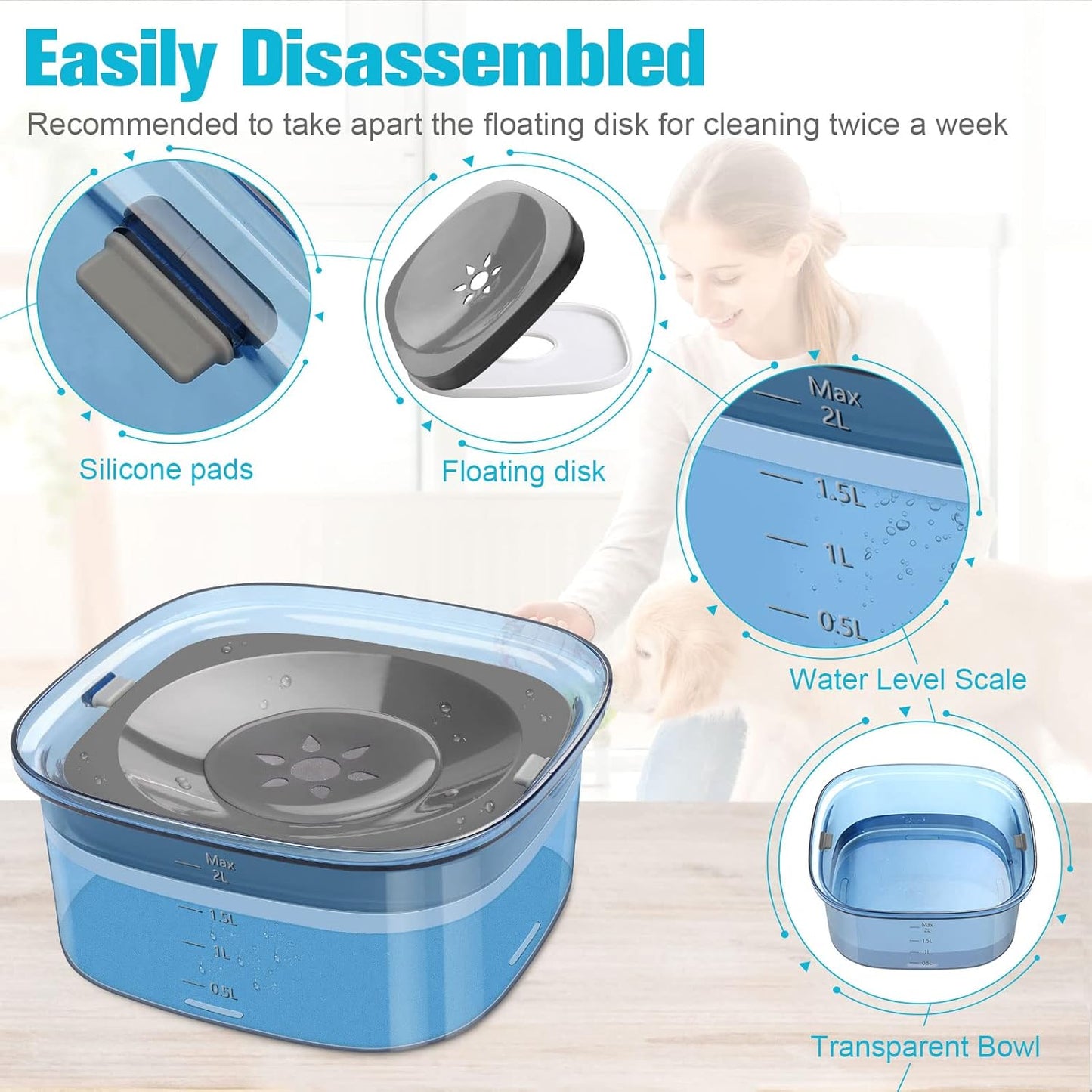 UPSKY 70oz Dog Water Bowl 2L No Spill Dog Bowls Large Capacity Spill Proof Slow Water Feeder, No Splash Pet Water Dispenser Vehicle Carried Travel Slow Drinking Bowl for Messy Drinkers