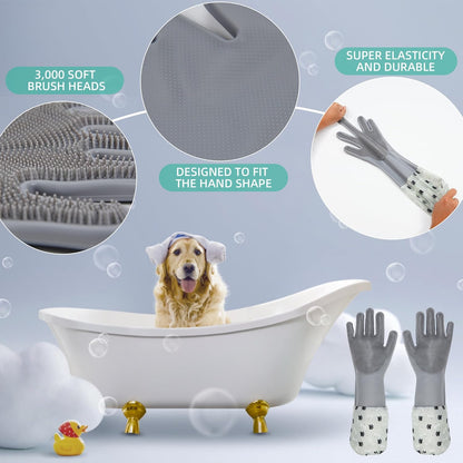 Dog Washing Gloves- Long Sleeved Pet Grooming Gloves - Heat Resistant Silicone Gloves with High-Density Teeth - Efficient Deshedding Glove for Dogs, Cats, Rabbits and Horses