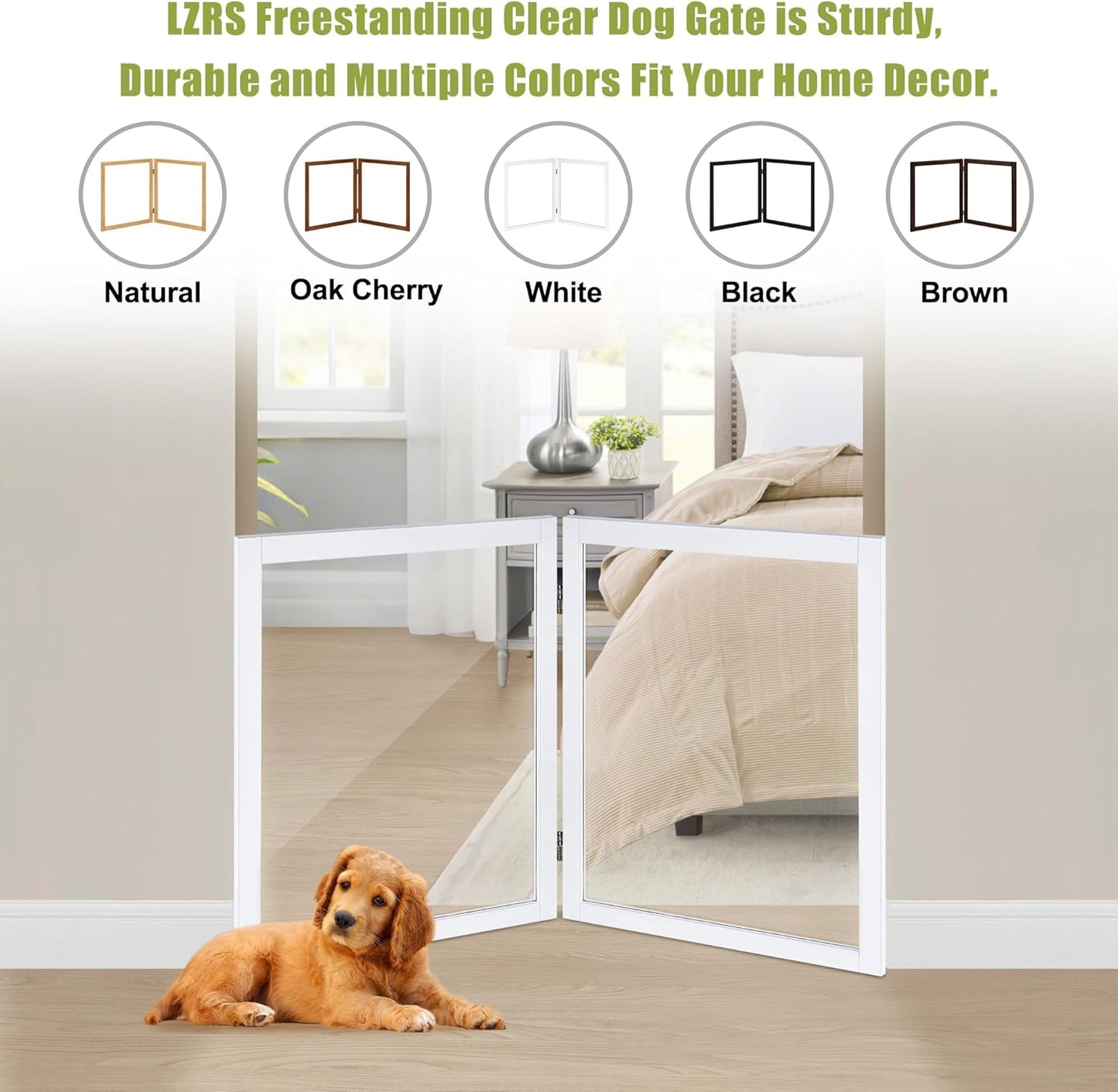 LZRS Clear Dog Gate for Indoor Use - Transparent Pet Fence with Solid Hardwood and Plastic Board, Stylish & Durable freestanding Pet Gate for Doorways, Stairs and Hallways-2 Panel Cherry