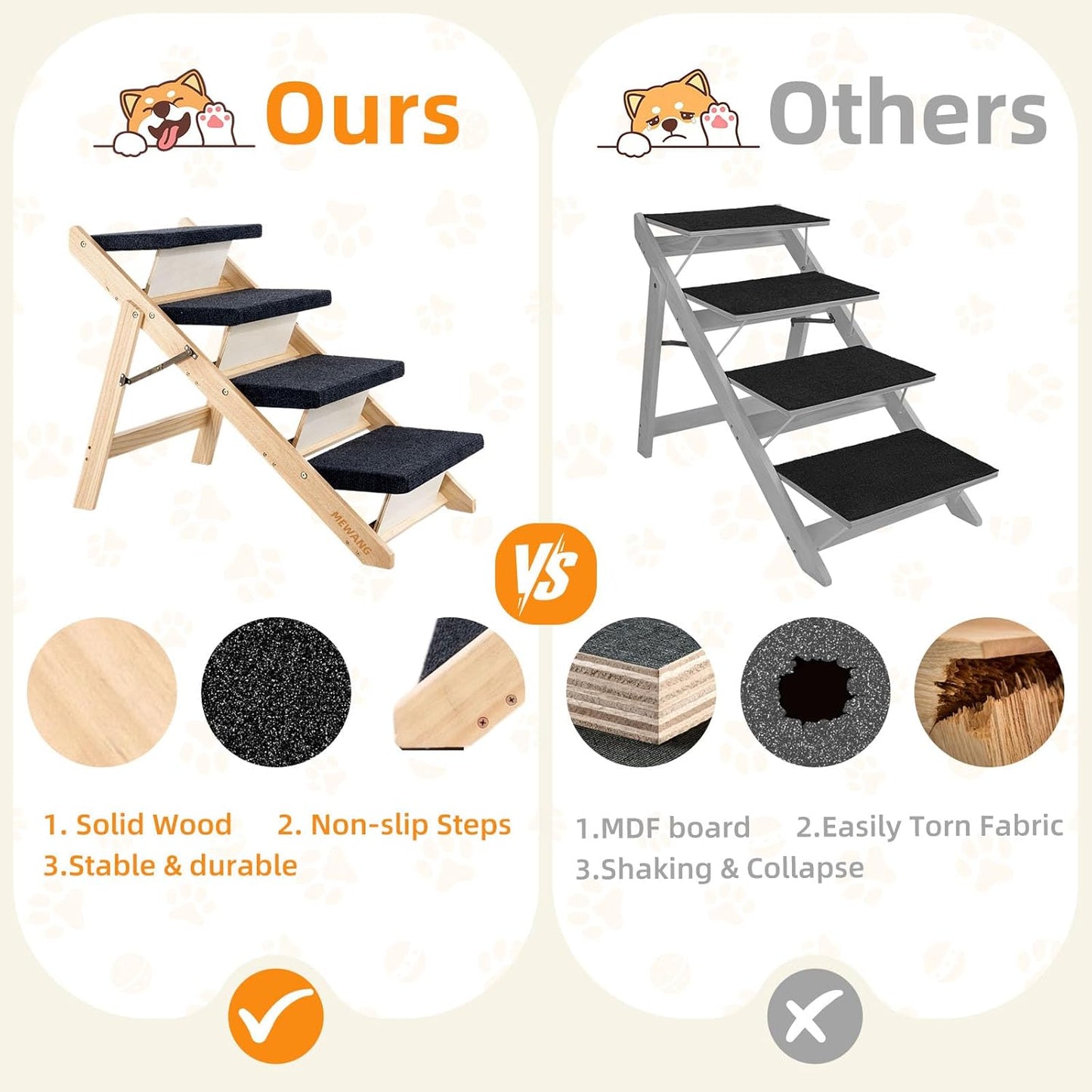 MEWANG Wood Pet Stairs & Ramp for Small/Medium Dogs and Cats, Aging Pets – 2-in-1 Foldable, Portable, Non-Slip Pet Ladder for Tall Beds, Couches,Cars–Holds Up to 220 lbs (17.3" L x 17.2" W x 13.0" H)