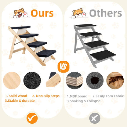 MEWANG Wood Pet Stairs & Ramp for Small/Medium Dogs and Cats, Aging Pets – 2-in-1 Foldable, Portable, Non-Slip Pet Ladder for Tall Beds, Couches,Cars–Holds Up to 220 lbs (17.3" L x 17.2" W x 13.0" H)