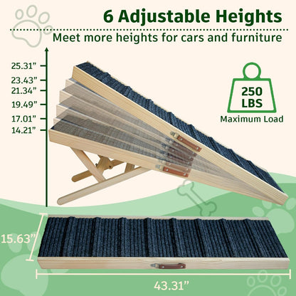 Dog Ramp for Bed, 43.5" Long Wooden Foldable Dog Ramp, 6 Adjustable Heights from 14" to 26" with Anti-Slip Traction Mat, Portable Pet Ramp for Car, Bed, Couch, Max 200lbs - 43.5inch