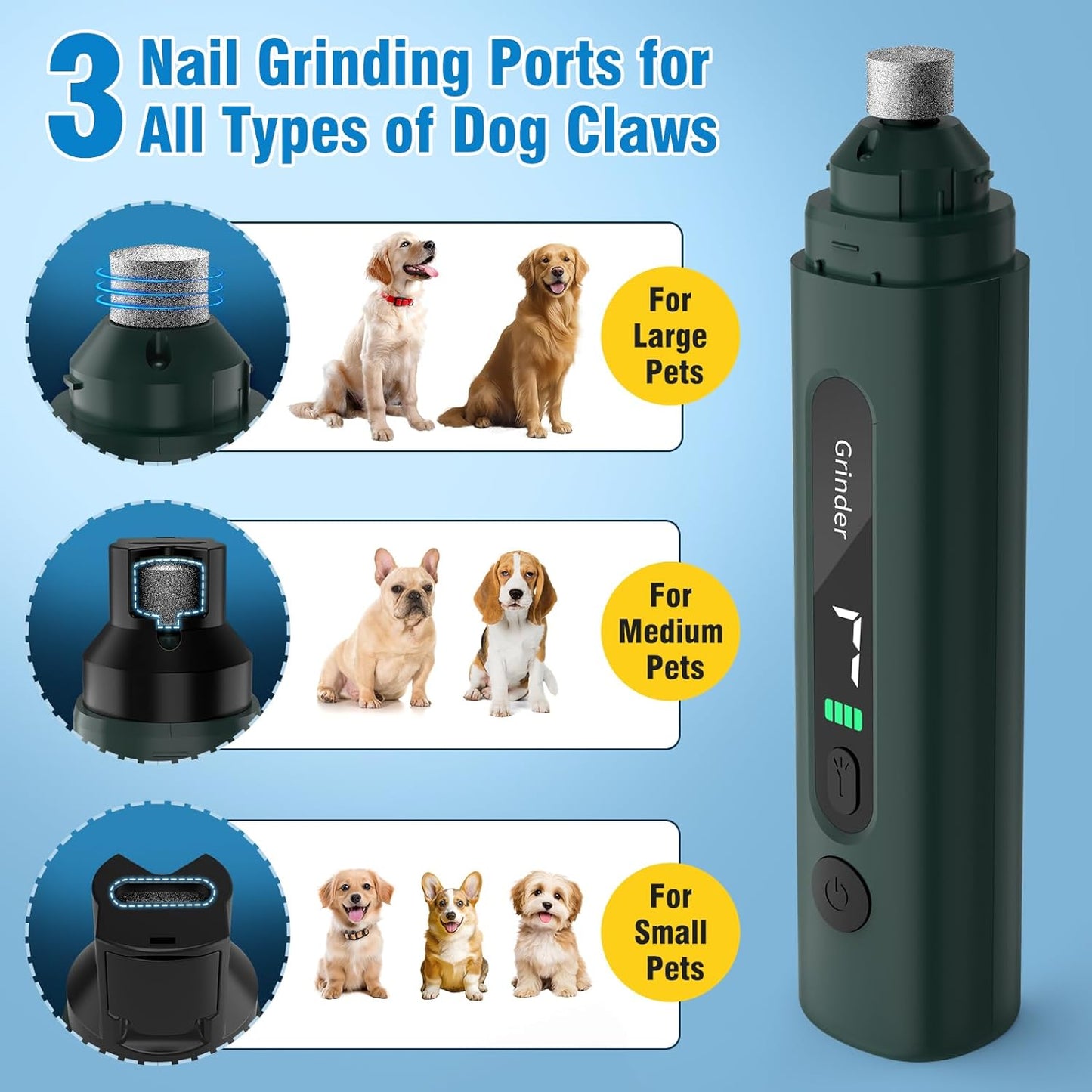 Dog Nail Grinder, 7-Speed Pet Nail Trimmer with LED Light & Sponge Dust Collector, Quiet and Low-Vibration, Painless Paws Grooming for Large Medium Small Dogs, Include Storage Bag