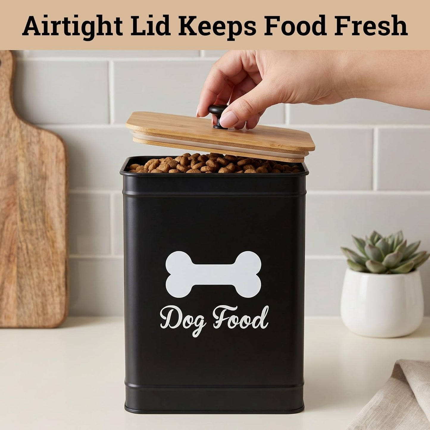 Dog Food Container Airtight 5-7 lb (25 Cup) Capacity - Cute Airtight Dog Food Storage Container with Bamboo Lid & Sturdy Metal Handle - White Metal Kibble Storage Bin for Dogs up to 50 lbs - Pet Jar