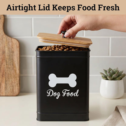 Dog Food Container Airtight 5-7 lb (25 Cup) Capacity - Cute Airtight Dog Food Storage Container with Bamboo Lid & Sturdy Metal Handle - White Metal Kibble Storage Bin for Dogs up to 50 lbs - Pet Jar