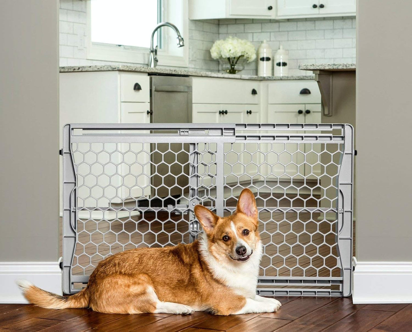 Carlson 18-30.75" Mini Expandable Dog Gate with Small Pet Door, Pressure Mounted Metal Indoor Pet Gate for Doorways & Bottom of Stairs, Cat Gate, White