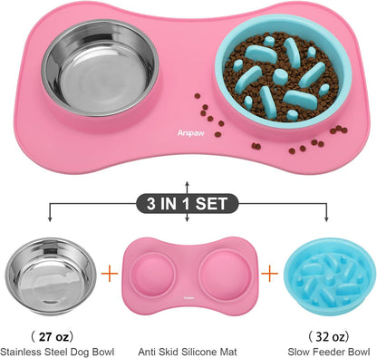 Anipaw Slow Feeder Dog Bowls 3 in 1 Stainless Steel Food and Water Bowls with Non-Spill and Skid Silicone Mat to Slow Down Eating for Large Medium Small Breed Size Dogs and Cats