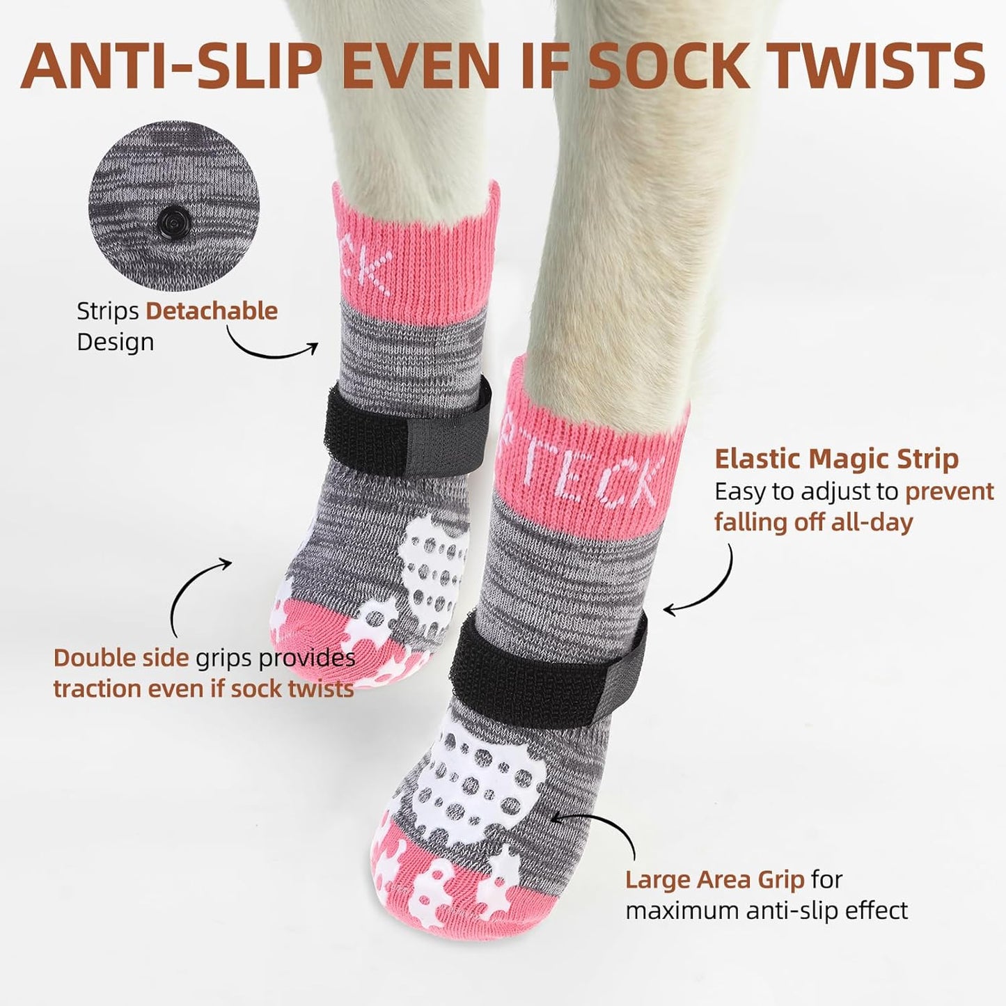 PUPTECK Anti-Slip Dog Socks with Double Sides Grips for Small Medium Large Dogs Hardwood Floors Prevents Licking, Dog Shoes for Hot Pavement Traction Control Paw Protector for Senior Dogs, Grey L