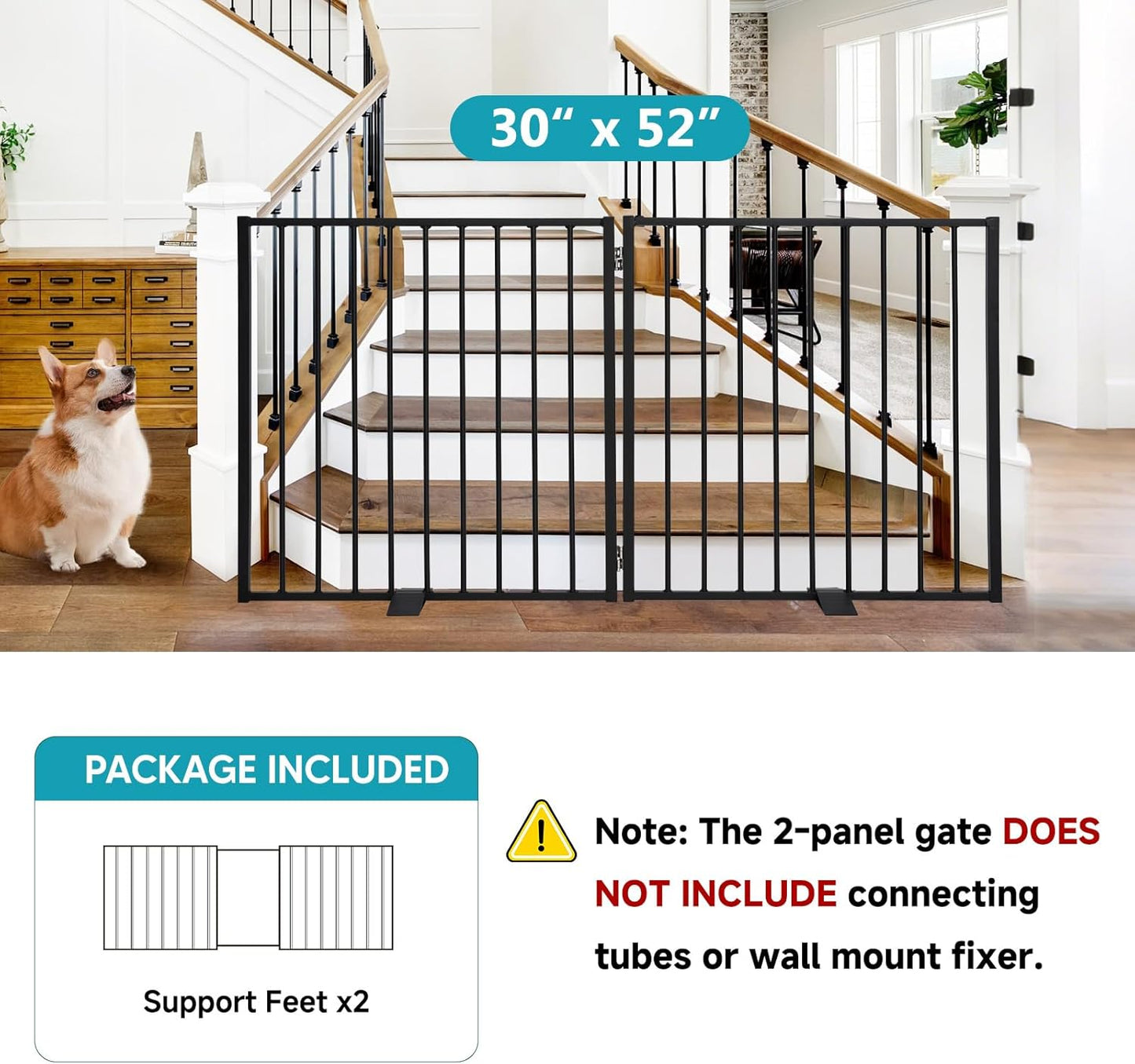 Snagle Paw Extra Wide Dog Gate,Free Standing Dog Fence with Door, Up to 104 Inch Wide Pet Gate with Support Feet for Stairs, Hallways, Doorways, Yard (Black, 4 Panels)