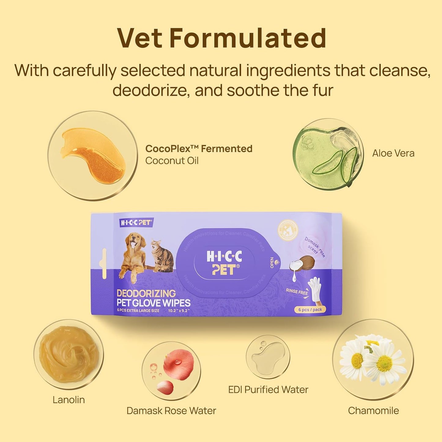 HICC PET Cleaning Deodorizing Glove Wipes for Dogs & Cats, Vet Recommended Hypoallergenic Hydrating & Nourish Fur Pet Grooming Glove Wipes, Pet Bathing Wipes for Horse Coat Care,20pcs Coconut Scent