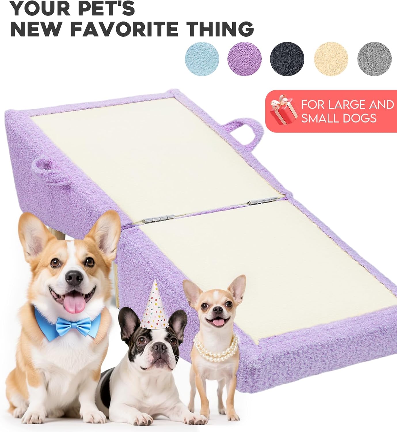 16.5'' Dog Ramp for Small Dogs & Cats, 2-in-1 Foldable Dog Stairs & Ottoman for Couch, Low Bed, Sturdy Wooden Frame, Joint-Friendly Gentle Incline, Non-Slip Surface, Light Purple
