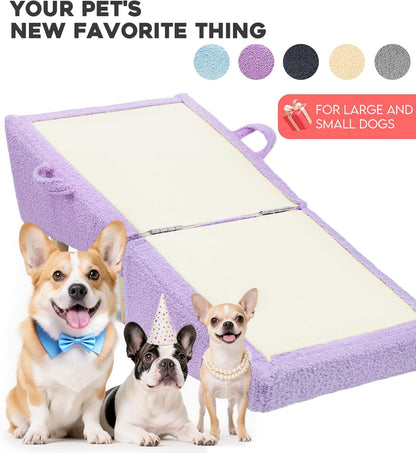 16.5'' Dog Ramp for Small Dogs & Cats, 2-in-1 Foldable Dog Stairs & Ottoman for Couch, Low Bed, Sturdy Wooden Frame, Joint-Friendly Gentle Incline, Non-Slip Surface, Light Purple