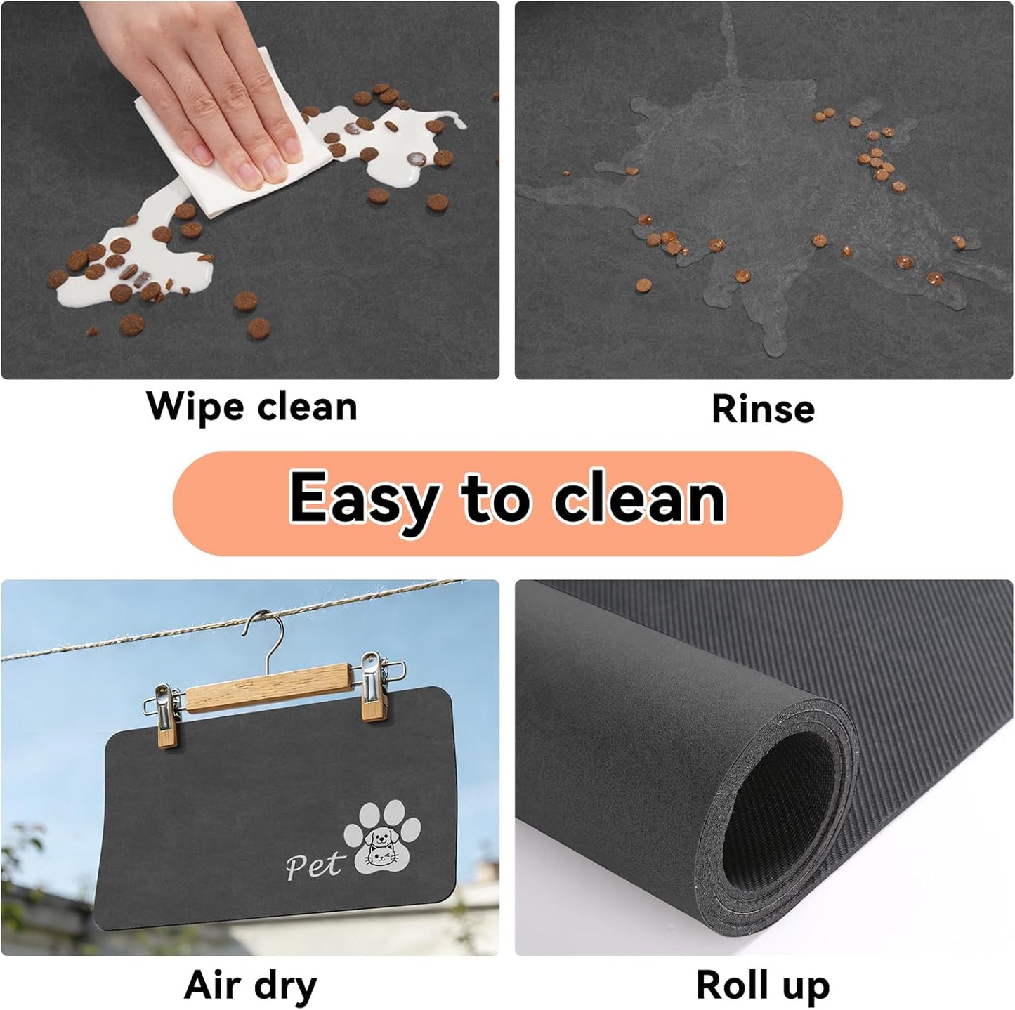 Dog Food Mat - Absorbent Cat Dog Bowl Mat for Food and Water, Quick Dry Pet Food Mats for Floors with Waterproof Rubber Backing, Puppy Cat Feeding Mats for Messy Drinkers,12"x20", Dark Grey
