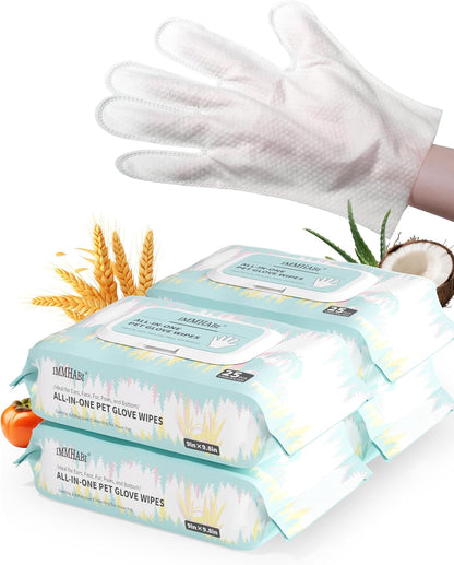 IMMHABI 50 Pcs Cleaning Deodorizing Pet Glove Wipes for Dogs & Cats, Hypoallergenic Dog Bath Wipes with Natural Deodorizer Persimmon Tannin, Pet Bathing Wipes for Horse Coat Care Unscented