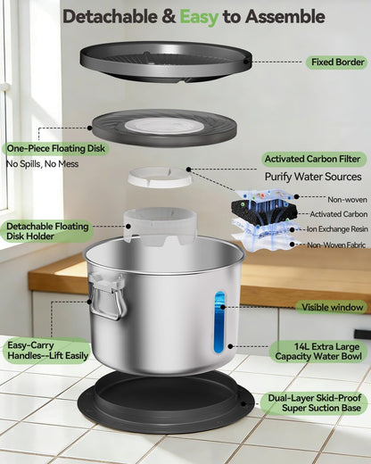 UPSKY 14L No Spill Dog Water Bowl, Stainless Steel Spill Proof Dog Bowl with Water Window, Dual-Suction Anti-Slip Large Capacity Slow Drinking Bowl with Floating Disk for Large Dogs & Messy Drinkers