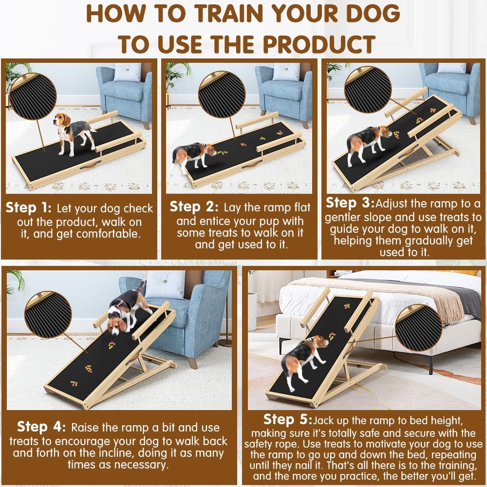 Dog Ramp for Couch with Non-Slip Silicone Mat, 39" Wooden Pet Ramps for Small Dogs, Hold up to 100lb, Adjustable Height from 11.41" to 20.47", Portable Stable Pet Step for Sofa Stairs