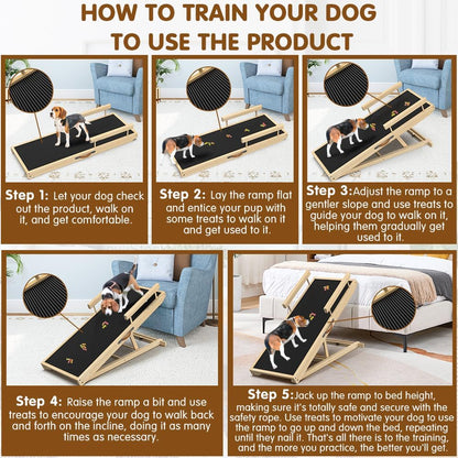 Dog Ramp for Couch with Non-Slip Silicone Mat, 39" Wooden Pet Ramps for Small Dogs, Hold up to 100lb, Adjustable Height from 11.41" to 20.47", Portable Stable Pet Step for Sofa Stairs