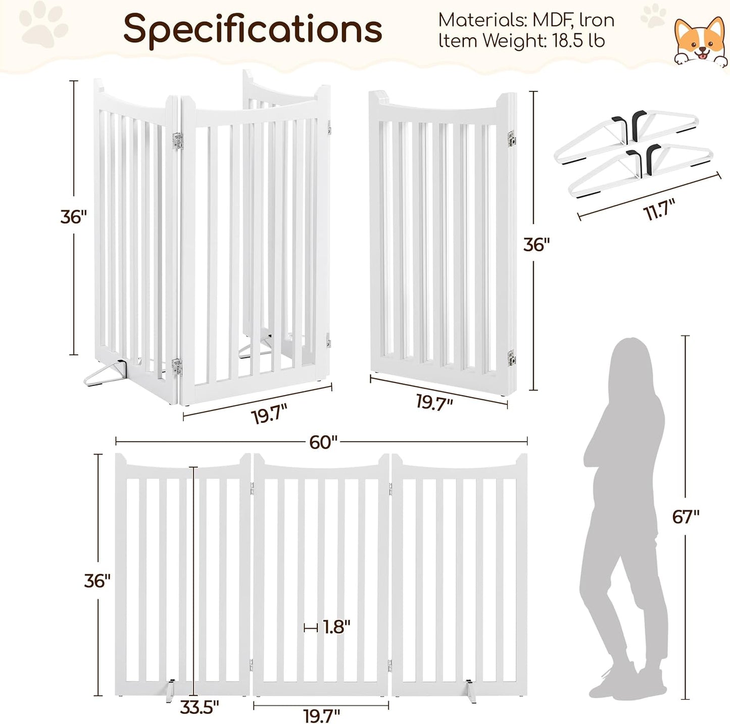 Yaheetech Freestanding Pet Gate 3-Panel Wooden Dog Fence with 2 Support Feet Folding Dog Gate for Indoor, Stairs, Doorways, Halls, Kitchen Wooden Pet Barrier White 36" H