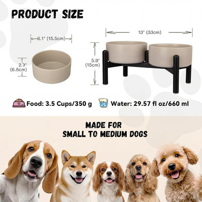 Raised Ceramic Dog Bowl Set - Elevated Double Dishes with Stainless Steel Stand - Food and Water Bowls for Small to Medium Dogs - Each Holds 3.5 Cups (29.57 fl oz) - White