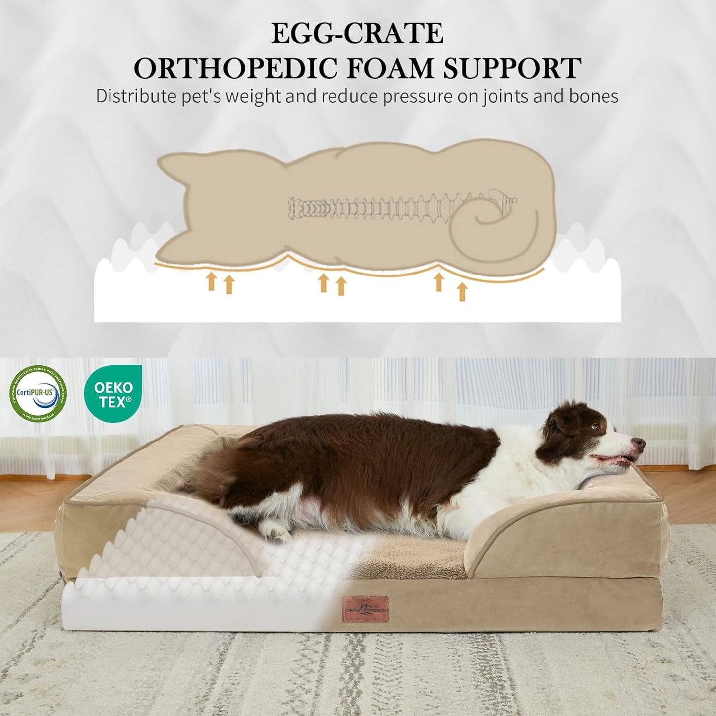 Comfort Expression Orthopedic Dog Bed for Extra Large Dogs 42x30 Inch, Waterproof Egg Crate Foam XL Pet Bed with Removable Bolsters, Dog Couch with Washable Cover & Non-Slip Bottom, Grey - Colors A