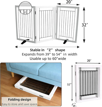 ZJSF Freestanding Dog Gate Indoor, Foldable Dog Fence for Doorways,Hallways or Stairs, Sturdy Wood Extra Wide Pet Gate with Support Feet,Black,24 "Height-3 Panels