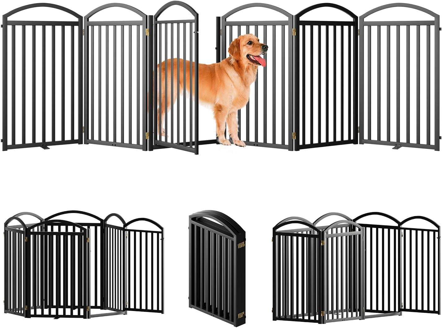 SNUOWU 4 Panels Full Matel Freestanding Dog Gates with Door, 96"Extra Wide 32"Tall Free Standing Dog Pet Gate for Indoor & Outdoor. Foldable Pet Fences for Doorways, House, Stairs, Porch, Deck, Yard