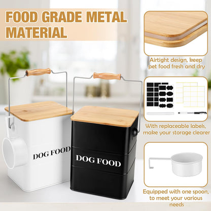 Tioncy 2 Pcs Metal Dog Food Storage Containers Total 10-14 Lbs (50 Cup) Capacity, Airtight Pet Food Canister with Bamboo Lids Scoop DIY Labels Dog Treat Storage Jars for Kitchen Counter(White)