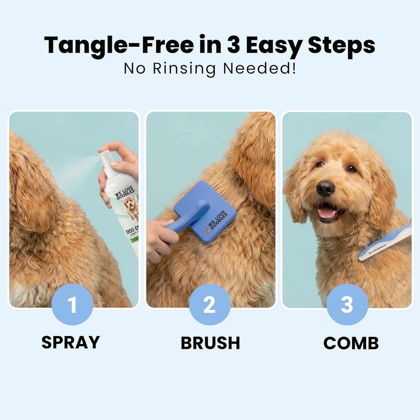 We Love Doodles Dog Comb (2 Packs) & Lavender Detangler Spray 16oz – Pet Grooming Essentials, Stainless Steel Rounded-End Dematting Metal Comb for Dogs, Dog Leave-In Conditioner Spray for Detangling