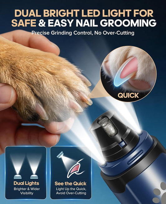 Dog Nail Grinder with 2 LED Lights, Upgraded 2-Speed Rechargeable Pet Nail Trimmer Quiet for Paw Grooming, Powerful Painless Nail Clipper Kit for Small, Medium, Large Dogs & Cats