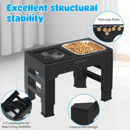 URPOWER 2-in-1 Elevated Slow Feeder Dog Bowls with No-Spill Water Bowl, 4 Height-Adjustable Raised Dog Bowls, Non-Slip Food and Water Bowls with Stand for Small, Medium, Large Dogs, Cats and Pets