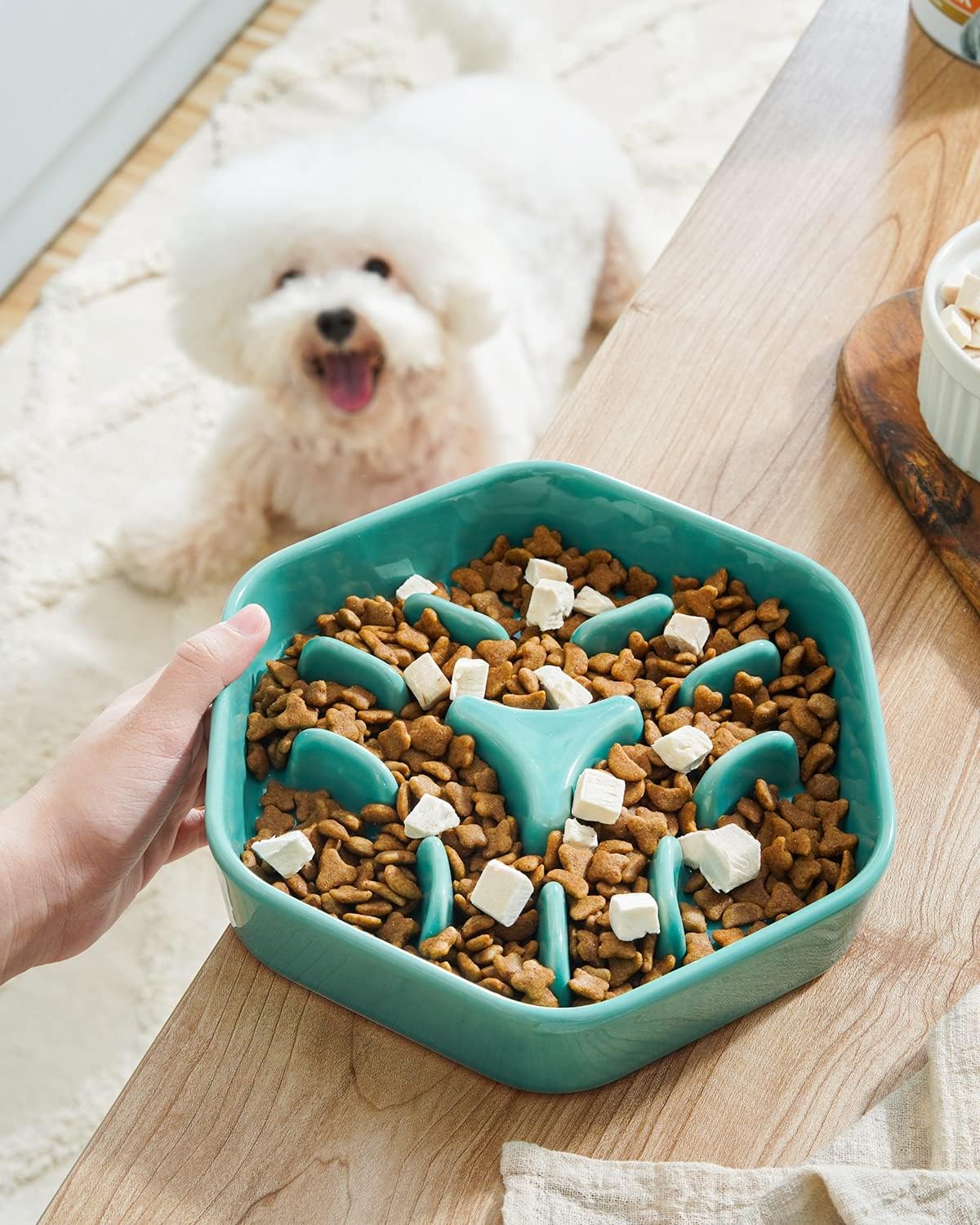 Slow Feeder Dog Bowl - 1.5 Cups Ceramic Puzzle Feeder for Small & Medium Breeds, Maze Design Bowl for Puppy & Fast Eaters, White Pet Dish to Control Eating Speed