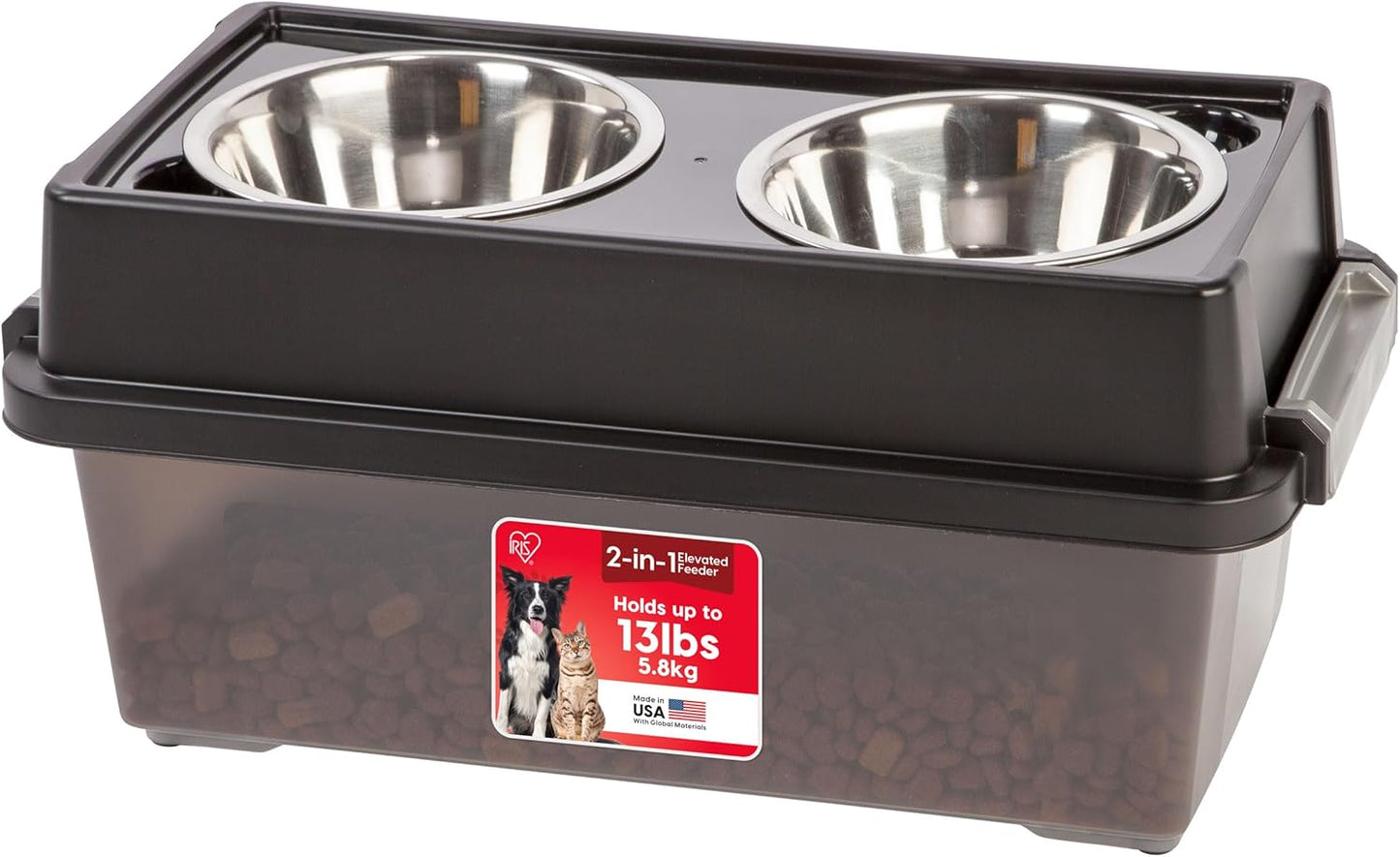 IRIS USA Dog Bowls Elevated with Storage, 15" H Raised Feeding Station, Dog Bowl Stand with Airtight Food Storage Holds 47 lbs, 2 Removable 64 oz Stainless Steel Bowls for Large Dogs, Smoke/Black