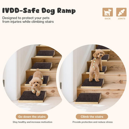 4-Pack Wooden Dog Ramp for Stairs, Anti-Slip Pet Steps for Small Dogs with Carpet Surface, Low-Angled Pet Ramps for Staircase, Steps and Stairs Assist for Injured & Aged Pets, Stairs Ramp for Dogs