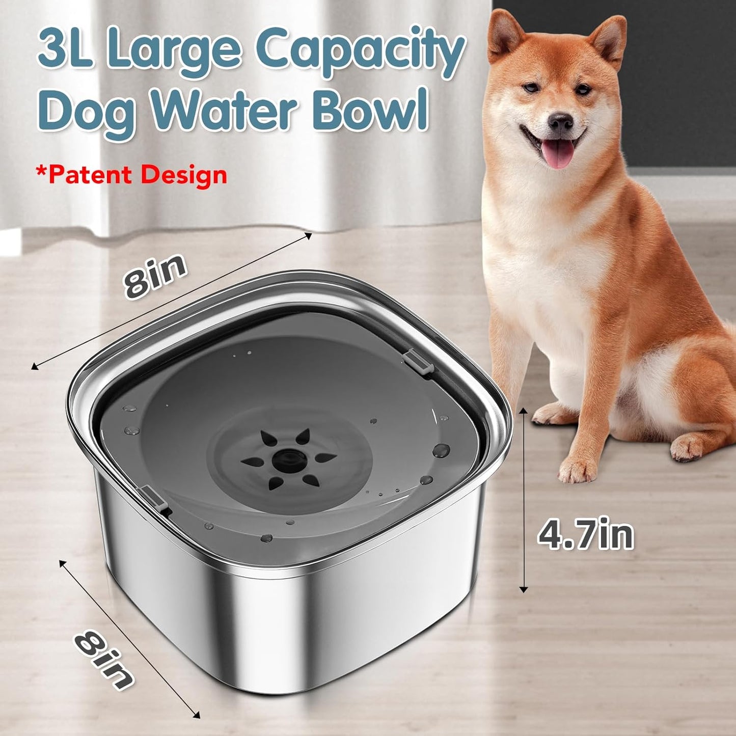 UPSKY 3L Dog Water Bowl 101oz Stainless Steel No Spill Large Capacity Dog Food Water Bowl Slow Water Feeder, Spill Proof Pet Water Dispenser Vehicle Carried Travel Water Bowl