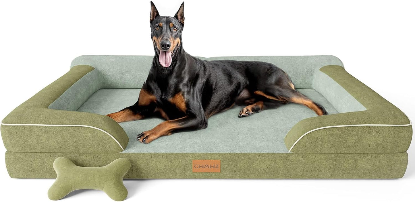 CWAWZ Extra Large Dog Bed, Orthopedic Dog Bed with Cooling Gel Memory Foam, Waterproof XL Pet Bed with Removable Washable Cover, 42" Pet Sofa Couch Dutch Velvet with Bone Toy, Light Gray