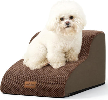 COZY KISS Dog Stairs for Small Dogs 15.7" H, Curved Dog Step for Puppy, Older Cat, Medium Pet Ramp for Sofa, Couch or Chair, Ladder with High Density Foam, 3 Step, 15.7x22.4x15.7 inch, Beige