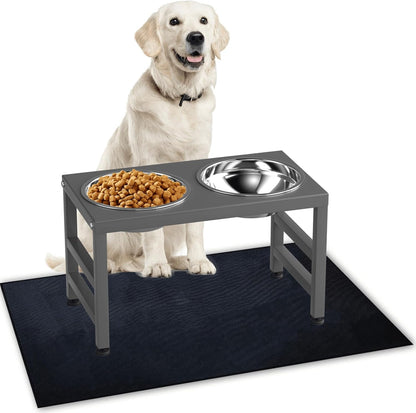 ADENGL Metal Raised Dog Bowl, 10" Tall Elevate Dog Feeder Stand with 2 Stainless Steel 42oz Bowls & 16x24 Non-Slip Mat – Stronger Dogs Food & Water Bowl Stand (Black)