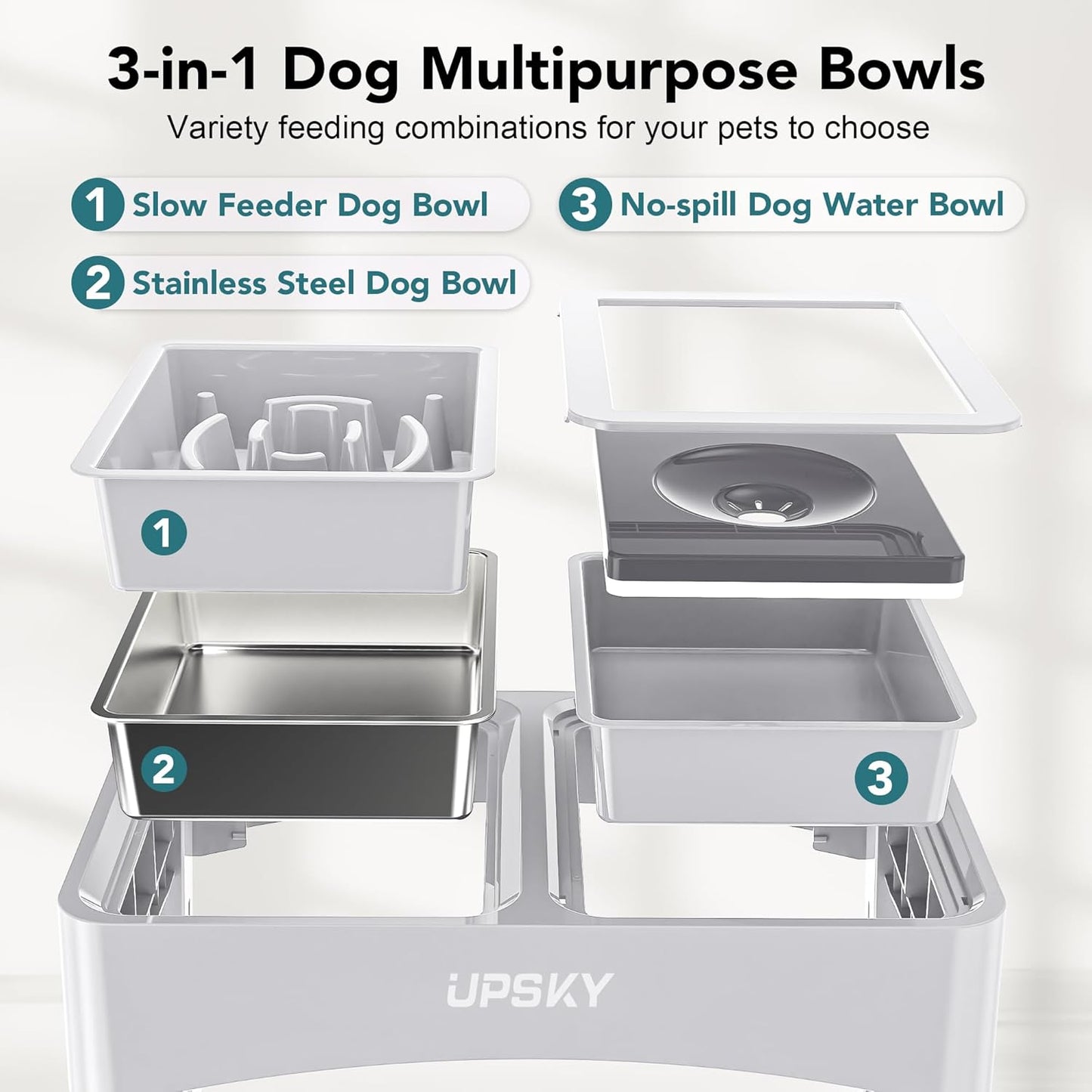 UPSKY 2-in-1 Elevated Dog Bowls Slow Feeder, 4 Height Adjustable Raised Bowl Stand, No Spill Dog Water Bowls, Anti-Slip Food and Water Bowls for Small Medium Dogs(Not Include Stainless Steel Bowl)